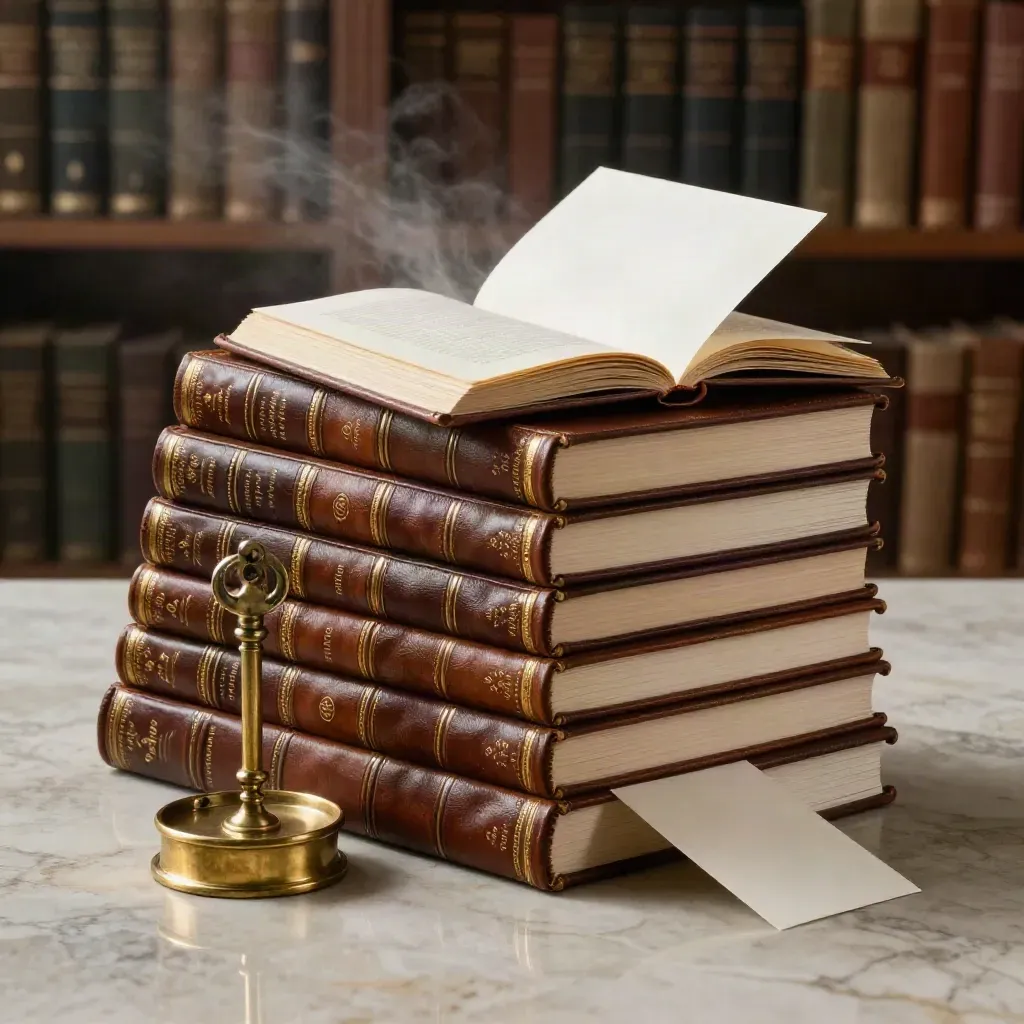 Leather law volumes, brass page weight, and blank divider cards on pale limestone in moody studio light.