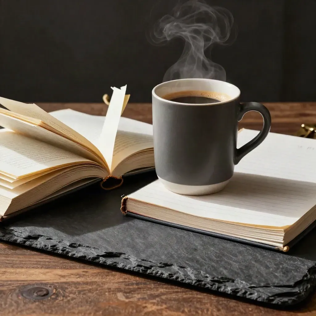 Ceramic mug, tabbed casebook, and clipped notes on dark stone with steam and warm light