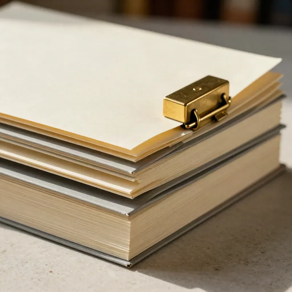 Macro still life of folded legal briefs, brass paperweight, and pen cap on stone