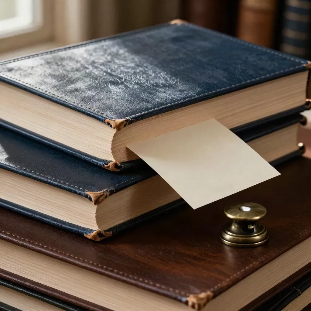 Casebooks, a slipping study card, and a bronze book weight on dark wood in warm lamplight.